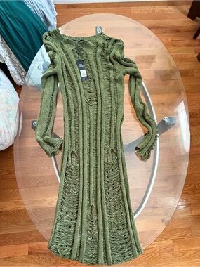 Fashion Nova Olive Green Long Sleeve Distressed Knit Maxi Dress